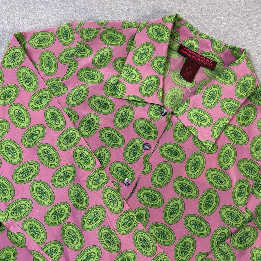 Portfolio By John Bartlett Silk Blouse M Pink Green Mod Geometric Retro QVC NWT